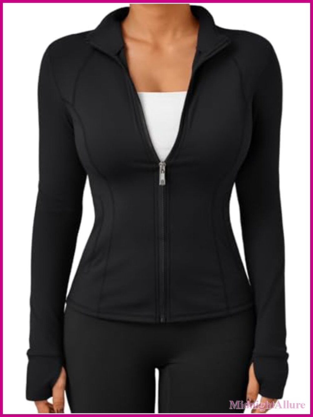 Slim Fitted Zip Up Workout Jacket 2 Pockets Thumb Hole Lightweight Stretchy